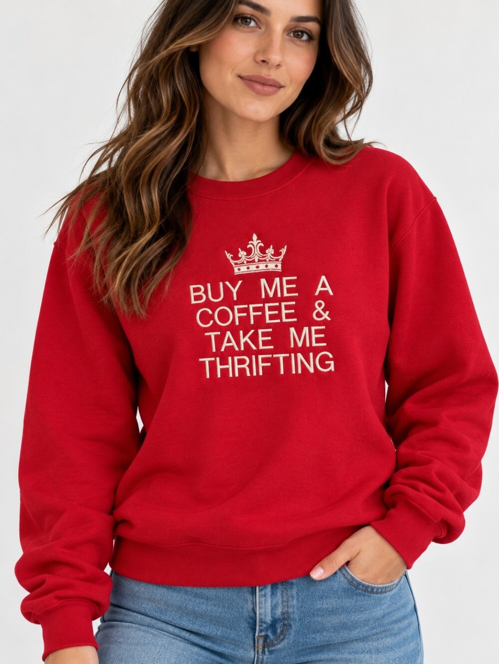 Hanes EcoSmart Red Embroidered Sweatshirt Size M Buy Me Coffee Take Me Thrifting